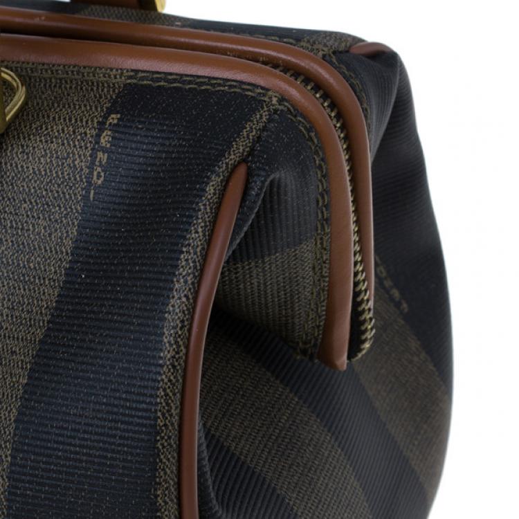 Pre Owned Fendi Brown Striped Pequin Canvas Vintage Boston Bag