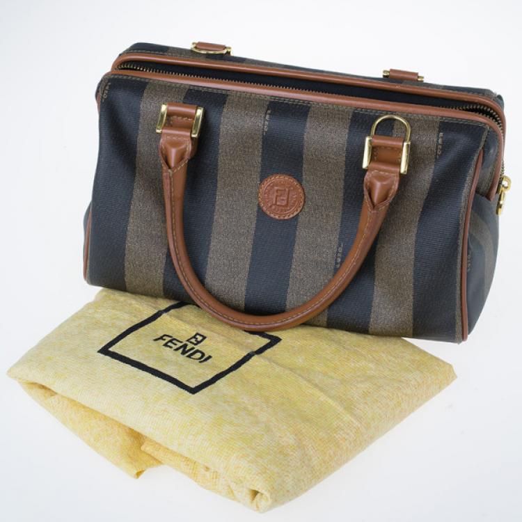 Pre Owned Fendi Brown Striped Pequin Canvas Vintage Boston Bag