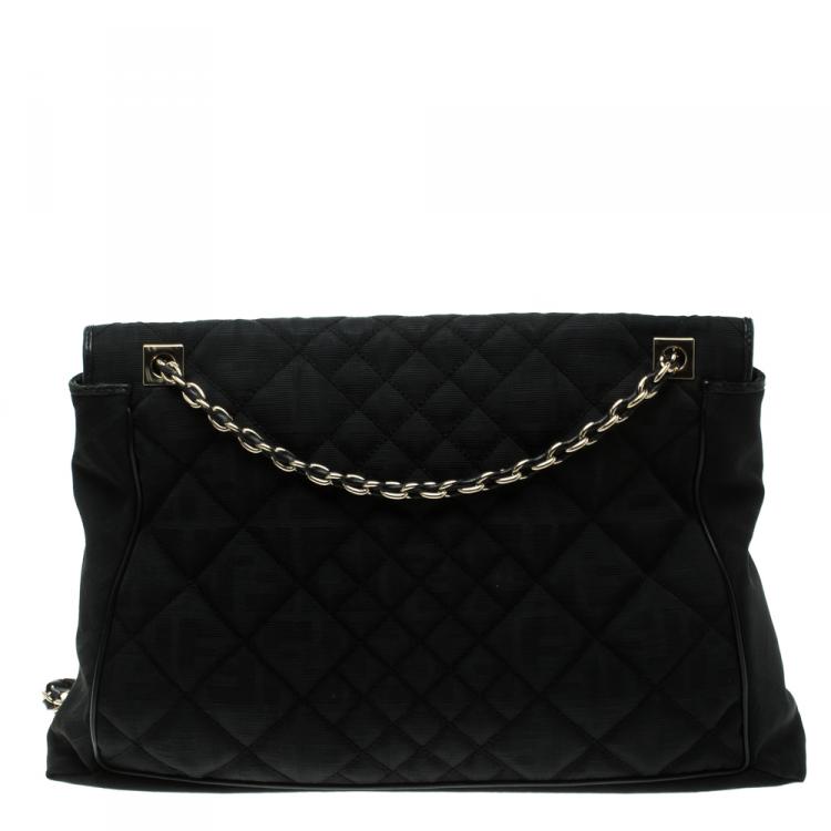 Pre Owned Fendi Black Quilted Fabric Maxi Baguette Shoulder Bag