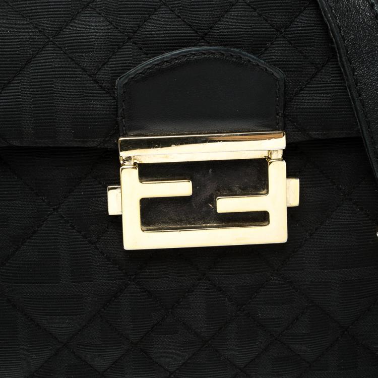 Pre Owned Fendi Black Quilted Fabric Maxi Baguette Shoulder Bag