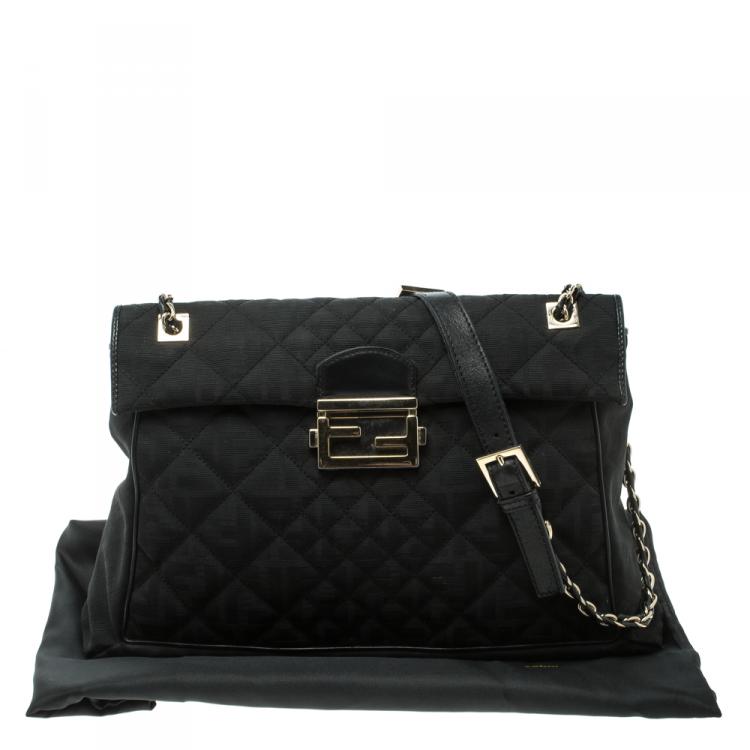 Pre Owned Fendi Black Quilted Fabric Maxi Baguette Shoulder Bag