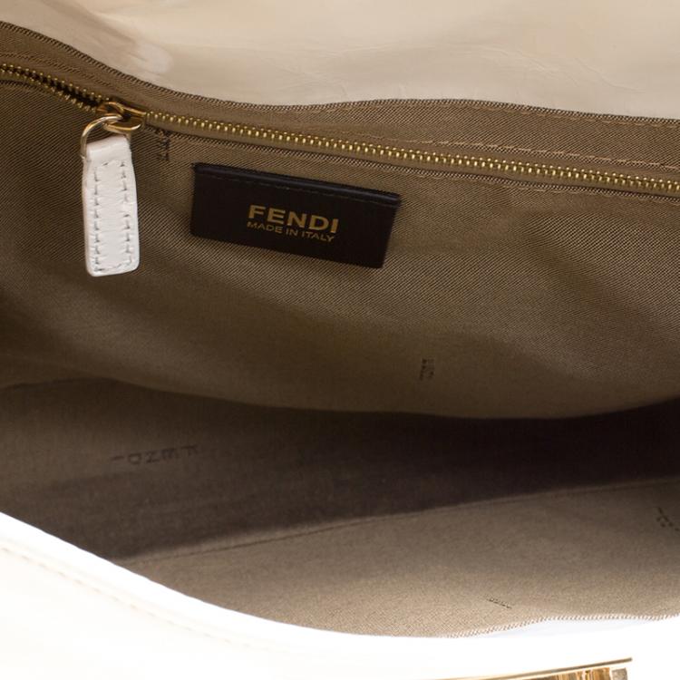 Pre Owned Fendi White Leather Maxi Baguette Flap Shoulder Bag