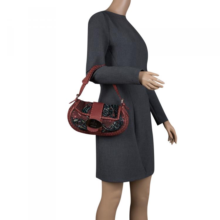 Pre Owned Fendi Bordeaux Leather Sequins and Beaded Selleria Baguette Bag