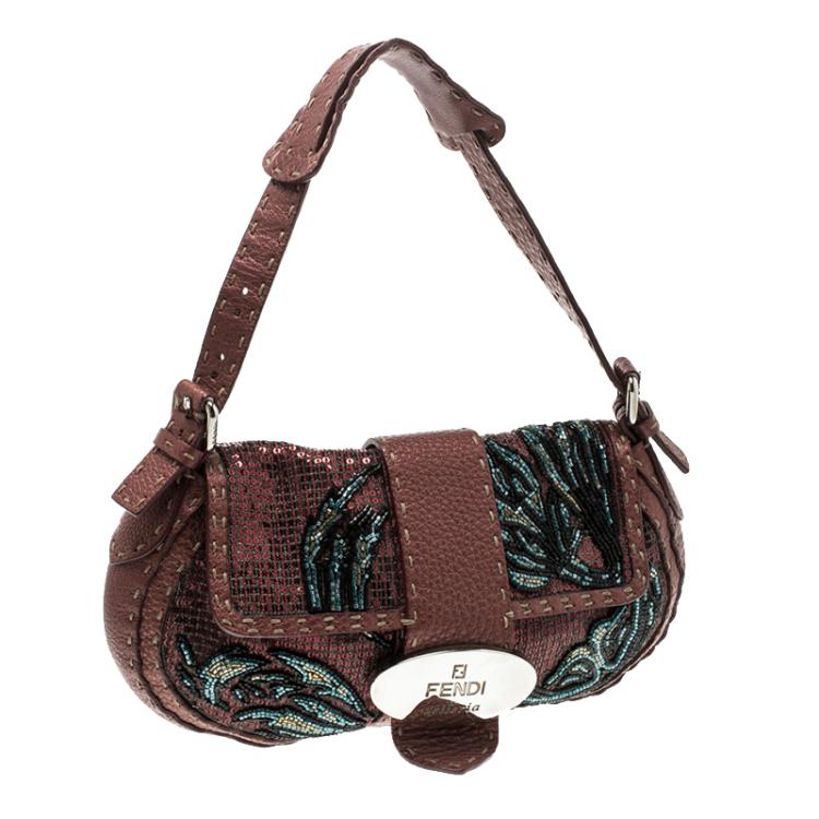 Pre Owned Fendi Bordeaux Leather Sequins and Beaded Selleria Baguette Bag