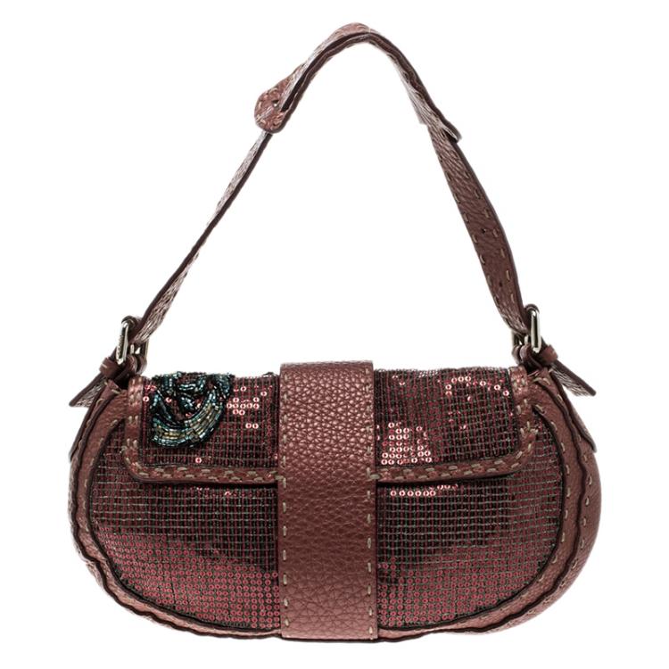Pre Owned Fendi Bordeaux Leather Sequins and Beaded Selleria Baguette Bag