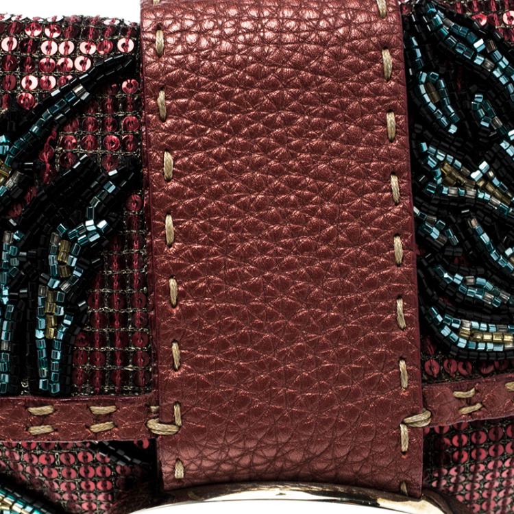 Pre Owned Fendi Bordeaux Leather Sequins and Beaded Selleria Baguette Bag
