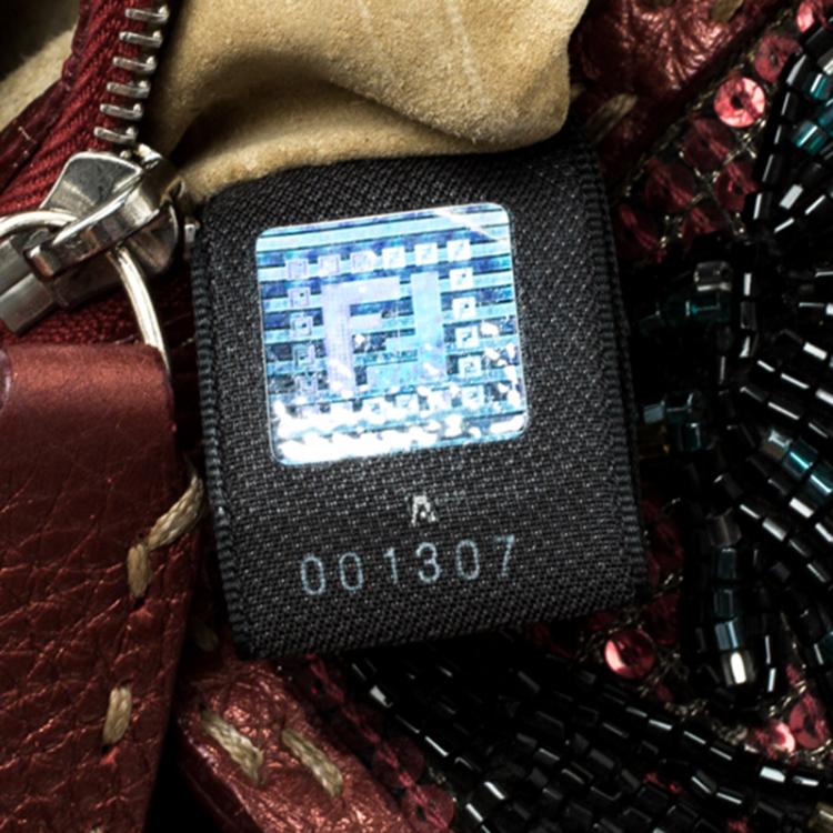 Pre Owned Fendi Bordeaux Leather Sequins and Beaded Selleria Baguette Bag