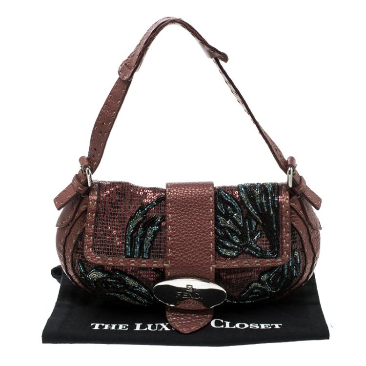 Pre Owned Fendi Bordeaux Leather Sequins and Beaded Selleria Baguette Bag