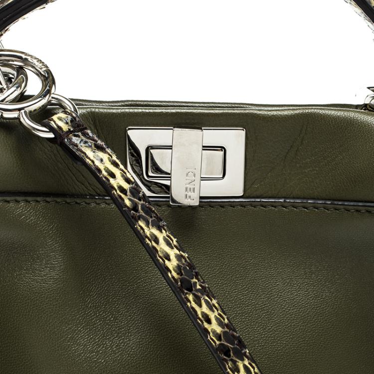 Pre Owned Fendi Olive Green Leather and Python Trim Mini Peekaboo Top Handle Bag