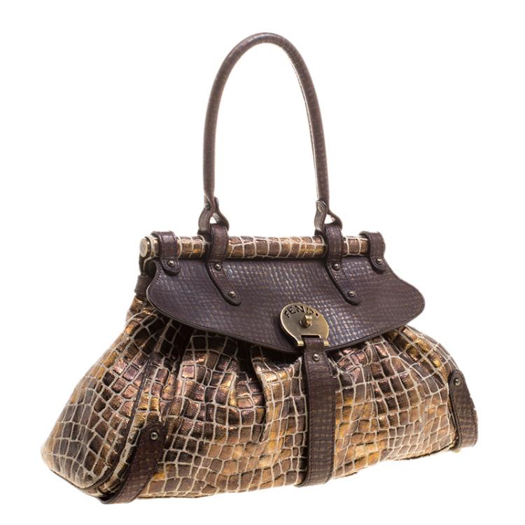Pre Owned Fendi Black/Gold Croc Embossed Canvas Medium Magic Bag