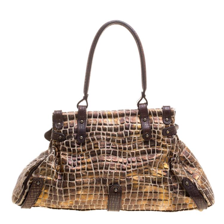 Pre Owned Fendi Black/Gold Croc Embossed Canvas Medium Magic Bag