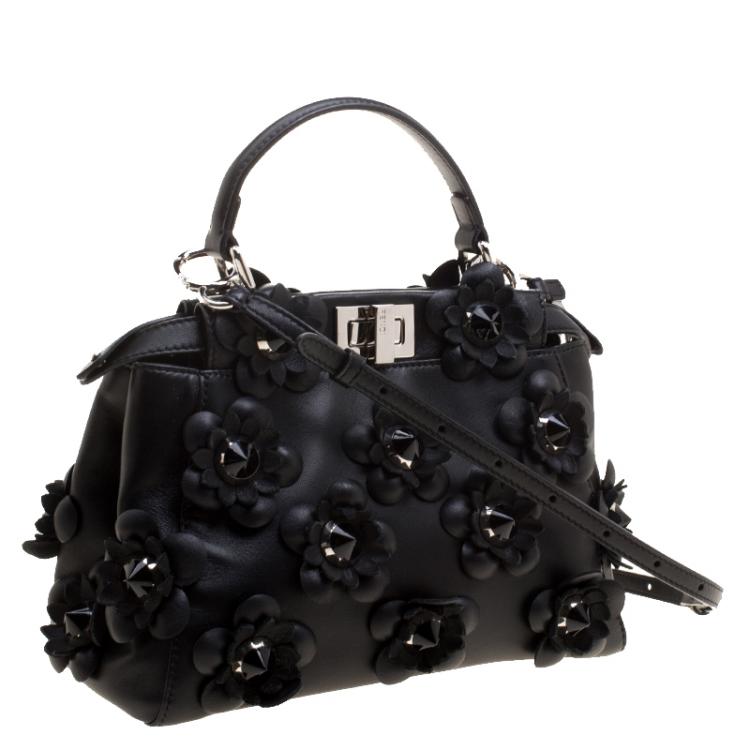 Pre Owned Fendi Black Leather Mini Peekaboo Allover Flowers Black Edition Top Handle Bag