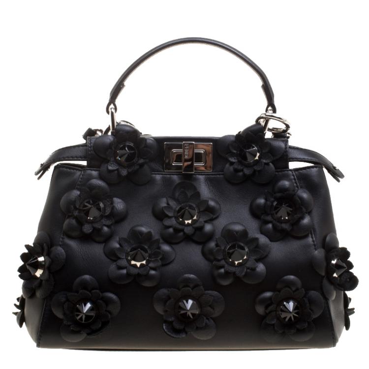 Pre Owned Fendi Black Leather Mini Peekaboo Allover Flowers Black Edition Top Handle Bag