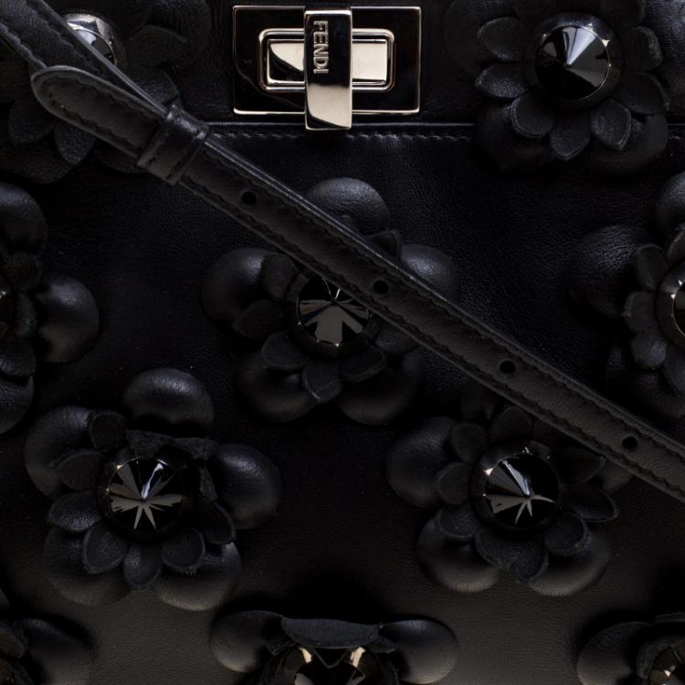 Pre Owned Fendi Black Leather Mini Peekaboo Allover Flowers Black Edition Top Handle Bag