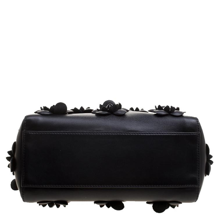 Pre Owned Fendi Black Leather Mini Peekaboo Allover Flowers Black Edition Top Handle Bag