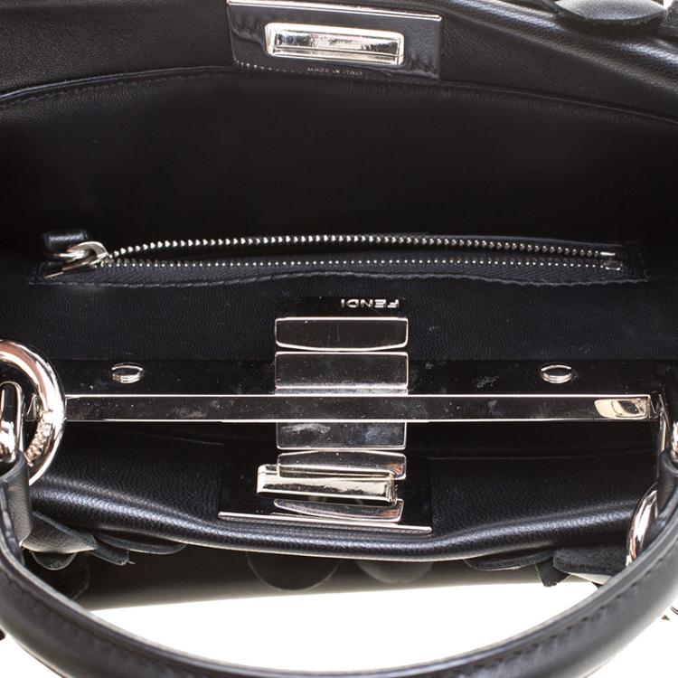 Pre Owned Fendi Black Leather Mini Peekaboo Allover Flowers Black Edition Top Handle Bag