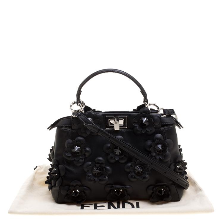 Pre Owned Fendi Black Leather Mini Peekaboo Allover Flowers Black Edition Top Handle Bag