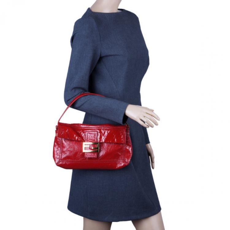 Pre Owned Fendi Red Patent Leather Logo Envelope Clutch