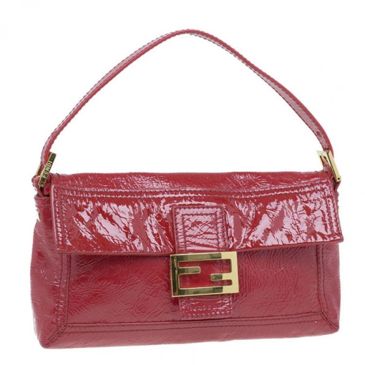 Pre Owned Fendi Red Patent Leather Logo Envelope Clutch