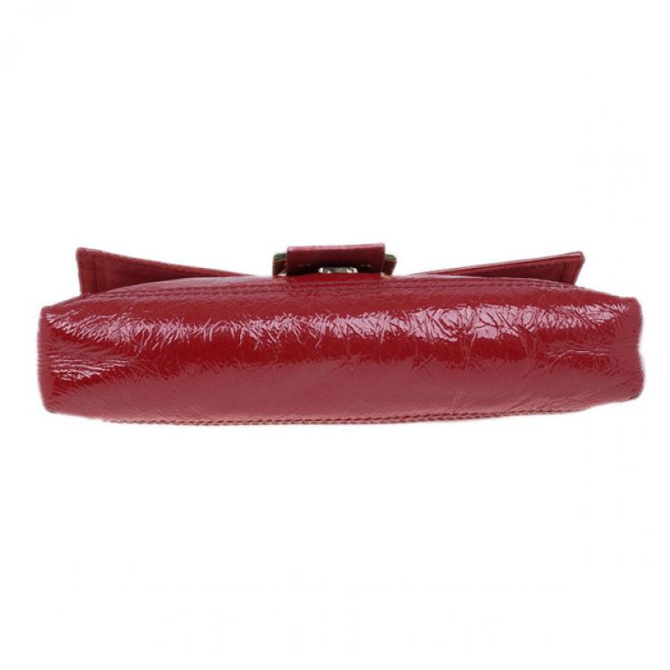 Pre Owned Fendi Red Patent Leather Logo Envelope Clutch