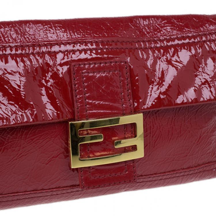 Pre Owned Fendi Red Patent Leather Logo Envelope Clutch