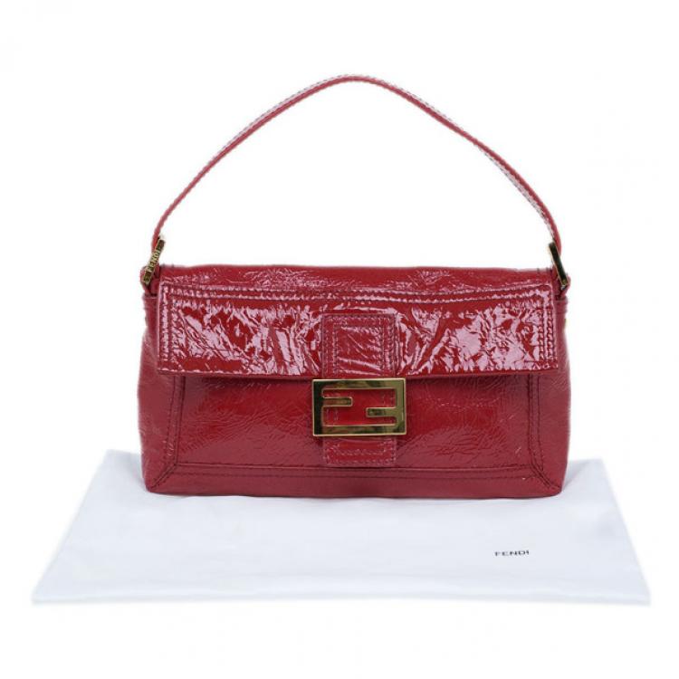 Pre Owned Fendi Red Patent Leather Logo Envelope Clutch