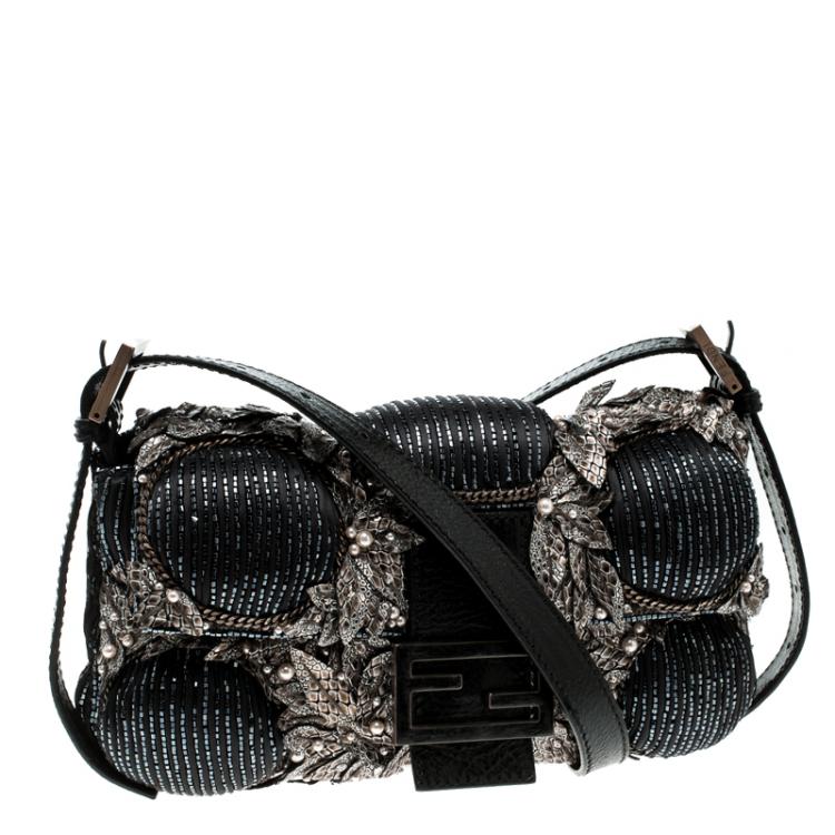 Pre Owned Fendi Black Beaded Embellishment Fabric Baguette Shoulder Bag