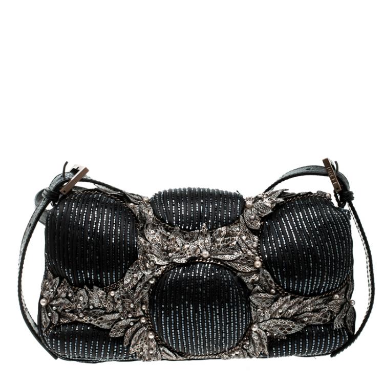 Pre Owned Fendi Black Beaded Embellishment Fabric Baguette Shoulder Bag