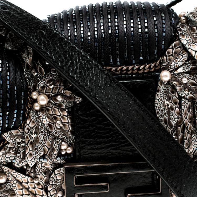 Pre Owned Fendi Black Beaded Embellishment Fabric Baguette Shoulder Bag