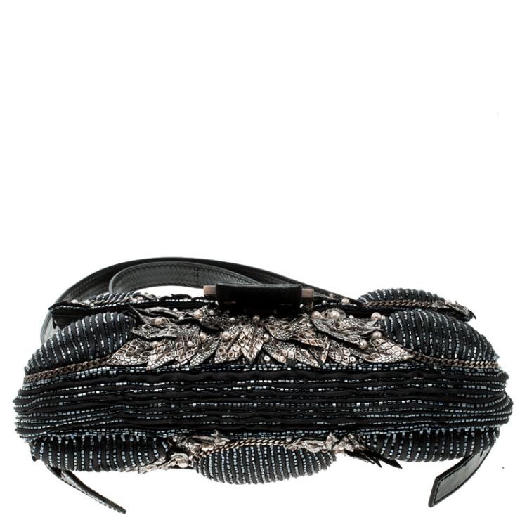 Pre Owned Fendi Black Beaded Embellishment Fabric Baguette Shoulder Bag