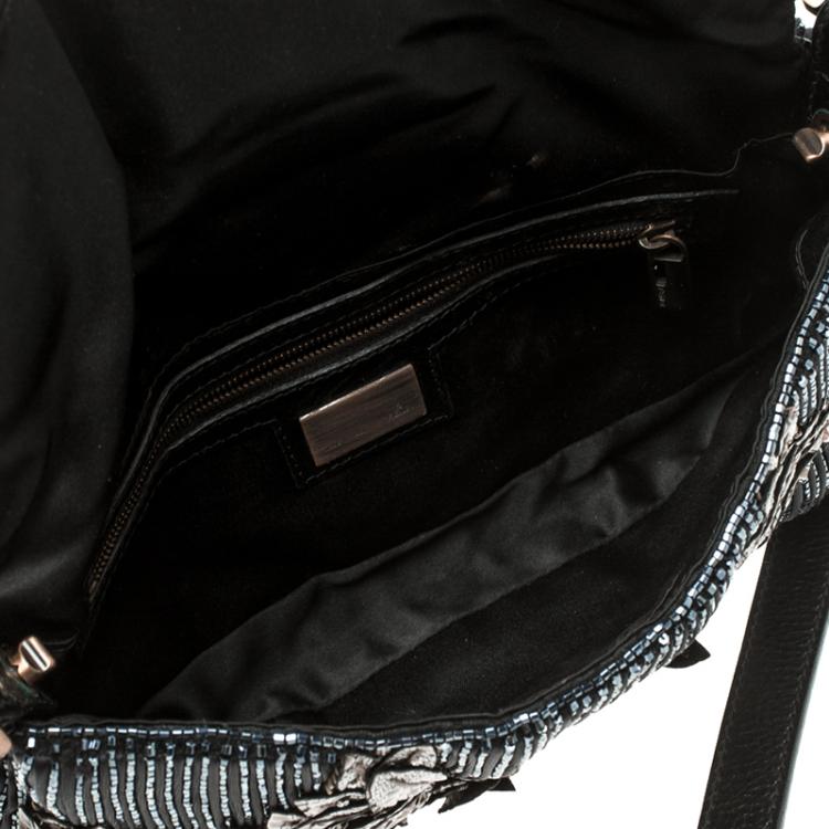 Pre Owned Fendi Black Beaded Embellishment Fabric Baguette Shoulder Bag