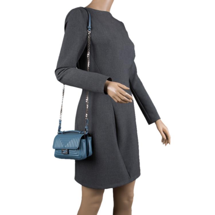 Pre Owned Fendi Stone Blue Quilted Leather Micro Double Baguette Bag