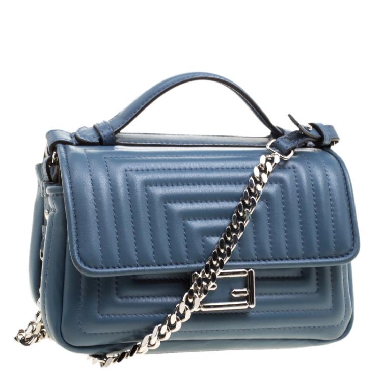 Pre Owned Fendi Stone Blue Quilted Leather Micro Double Baguette Bag