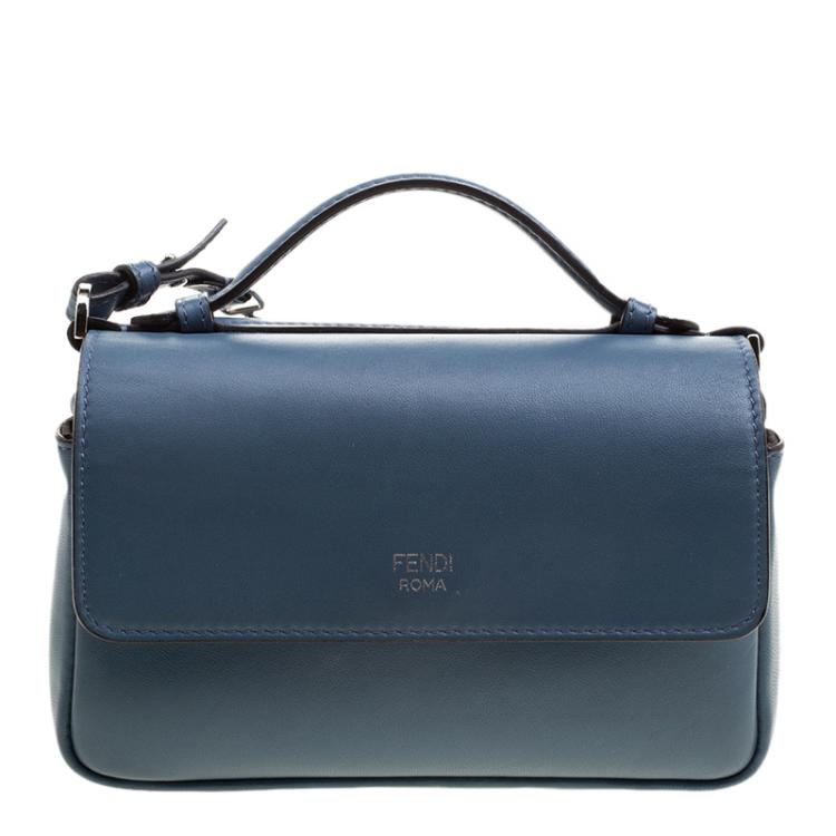 Pre Owned Fendi Stone Blue Quilted Leather Micro Double Baguette Bag