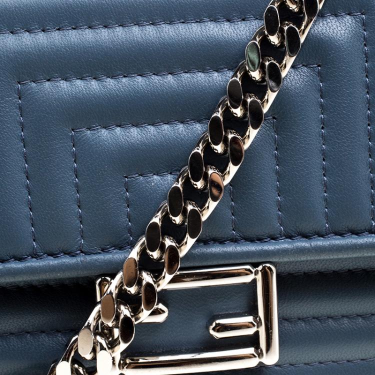 Pre Owned Fendi Stone Blue Quilted Leather Micro Double Baguette Bag