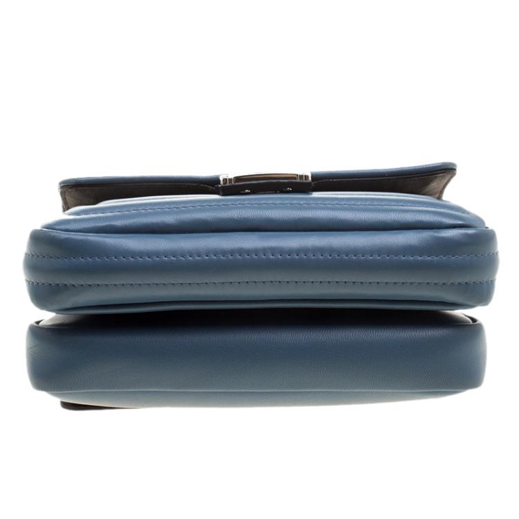 Pre Owned Fendi Stone Blue Quilted Leather Micro Double Baguette Bag