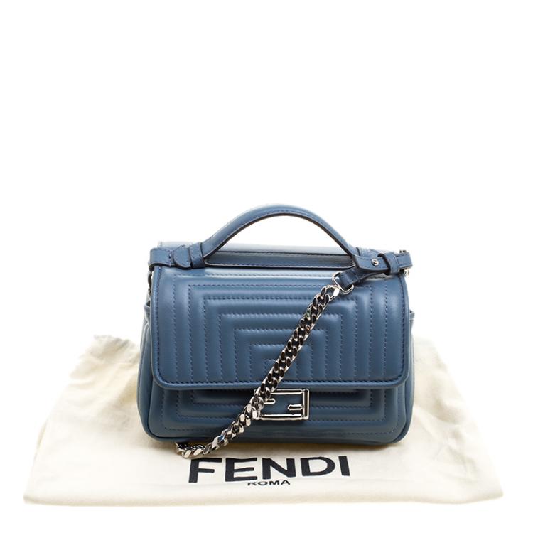 Pre Owned Fendi Stone Blue Quilted Leather Micro Double Baguette Bag