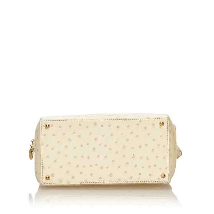 Pre Owned Fendi Ivory Ostrich Embossed Leather Satchel Bag