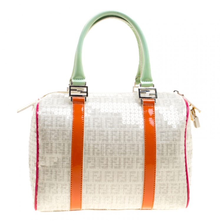 Pre Owned Fendi Beige/Multicolor Zucchino Sequin Canvas and Leather Bauletto Boston Bag