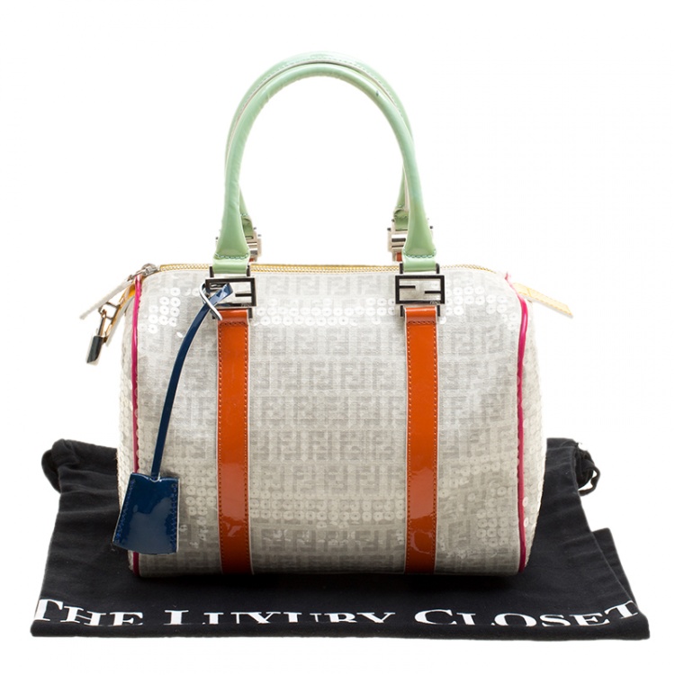 Pre Owned Fendi Beige/Multicolor Zucchino Sequin Canvas and Leather Bauletto Boston Bag