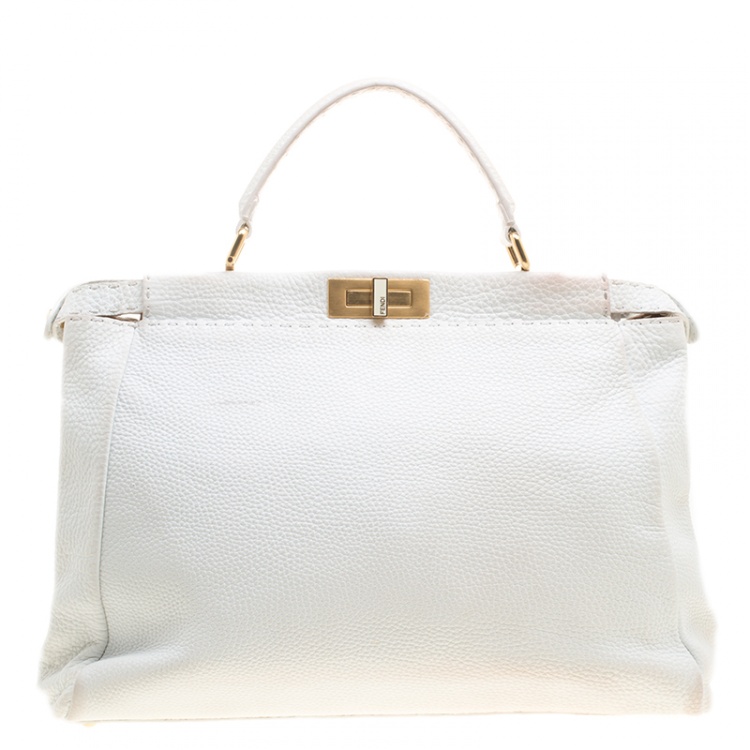 Pre Owned Fendi White Leather Large Peekaboo Top Handle Bag