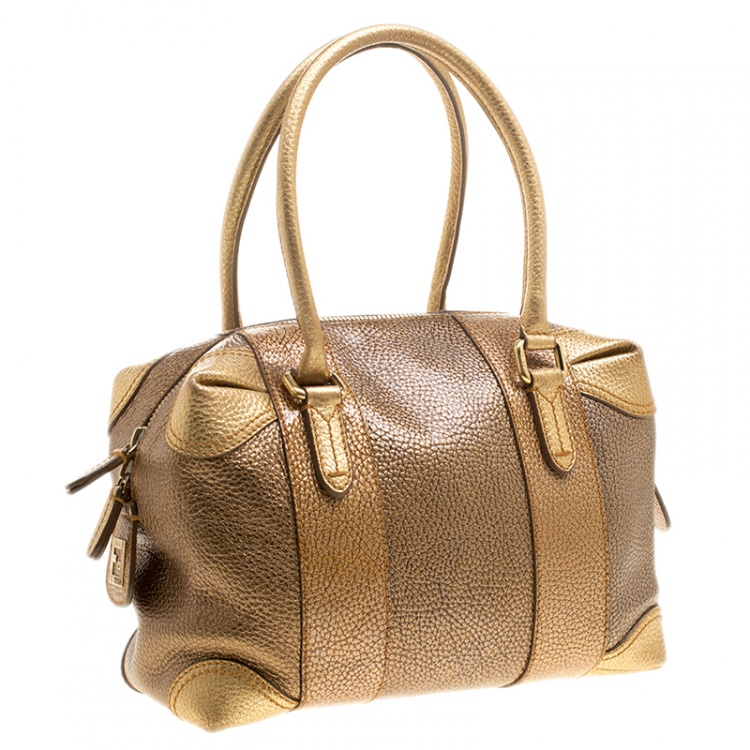Pre Owned Fendi Gold Pebbled Leather Media Boston Bag