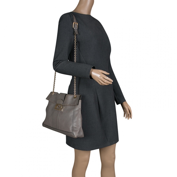 Pre Owned Fendi Grey Leather Maxi Baguette Flap Shoulder Bag
