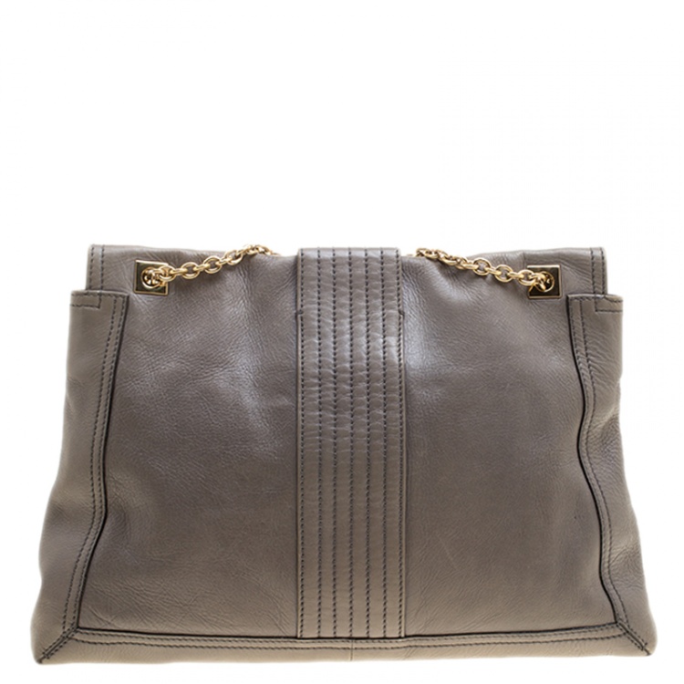 Pre Owned Fendi Grey Leather Maxi Baguette Flap Shoulder Bag