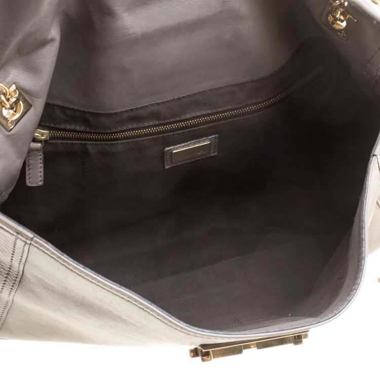 Pre Owned Fendi Grey Leather Maxi Baguette Flap Shoulder Bag
