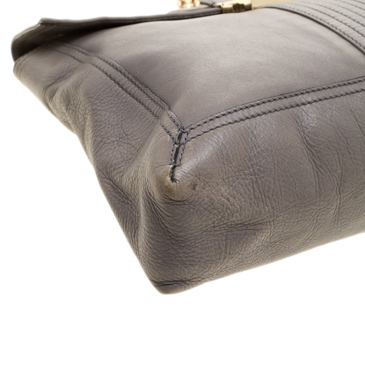 Pre Owned Fendi Grey Leather Maxi Baguette Flap Shoulder Bag
