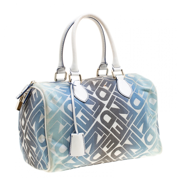 Pre Owned Fendi Blue /White Logo Print Canvas Boston Bag