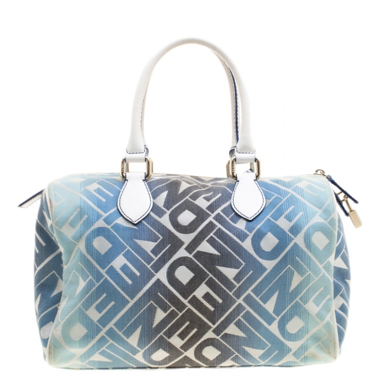 Pre Owned Fendi Blue /White Logo Print Canvas Boston Bag