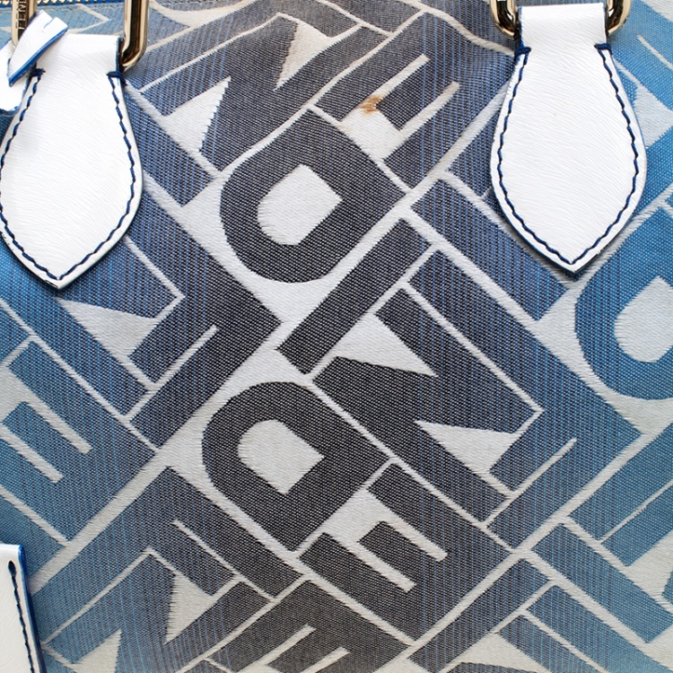 Pre Owned Fendi Blue /White Logo Print Canvas Boston Bag