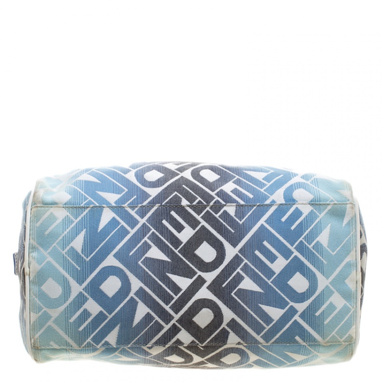 Pre Owned Fendi Blue /White Logo Print Canvas Boston Bag
